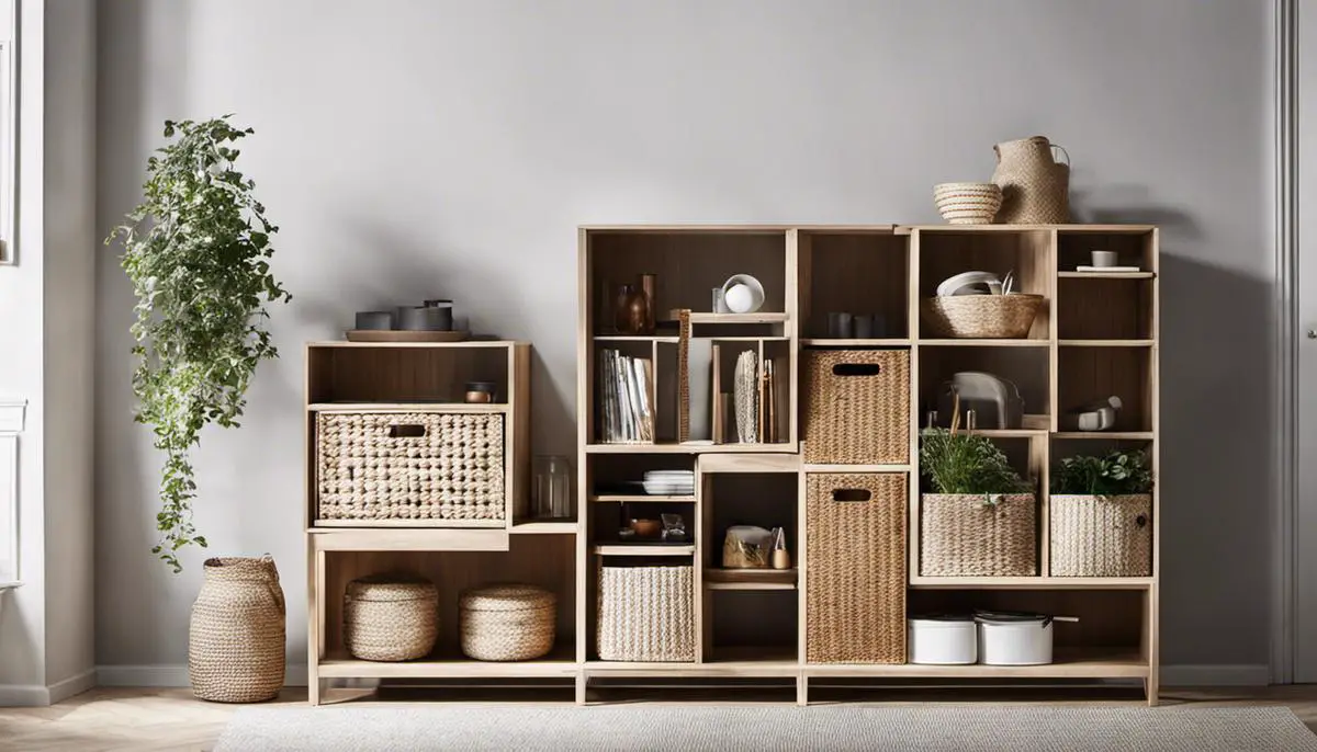 Image of different storage solutions inspired by Scandinavian design, including wall-mounted shelves, multi-functional furniture, and baskets made from natural materials.