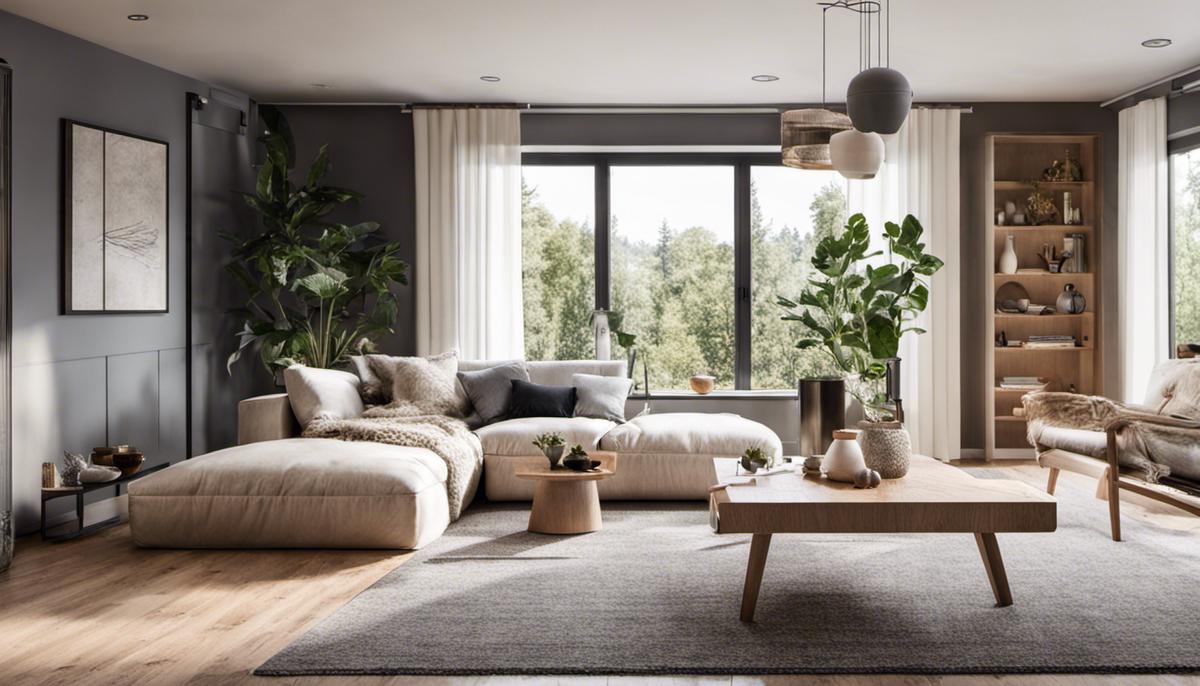 A cozy living room with Scandinavian interior design, featuring light colors, minimalism, and natural elements.