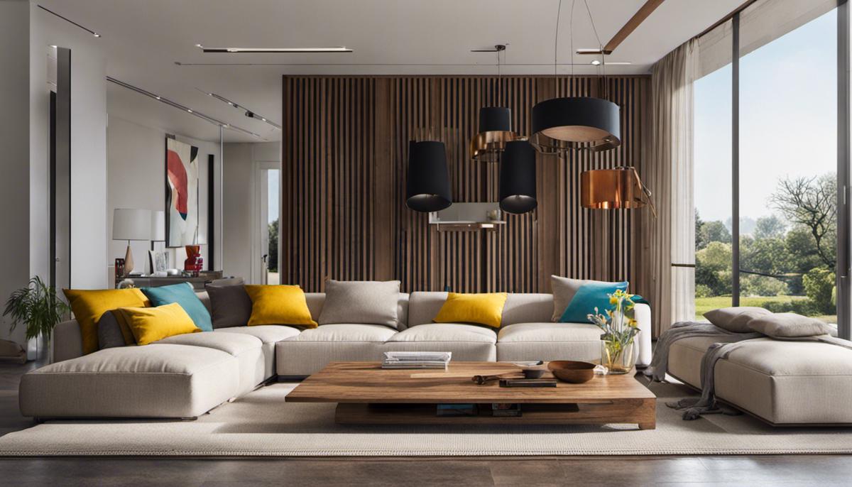 A minimalistic living room with clean lines, natural wood furniture, and pops of color through cushions and artwork.