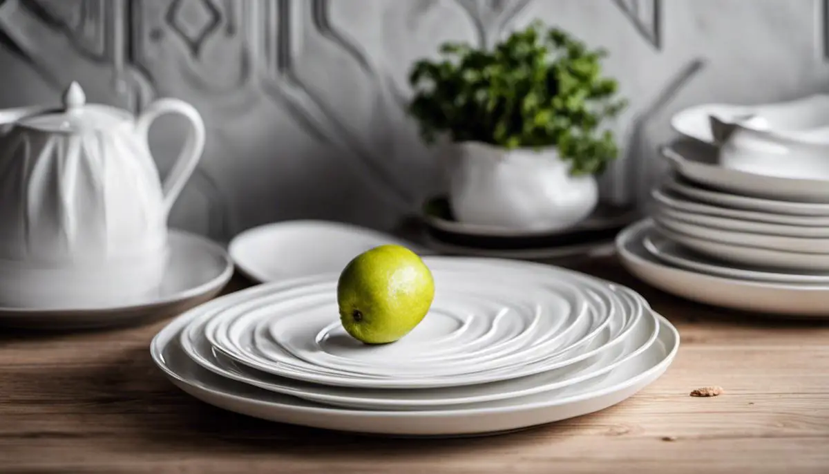 A close-up image of a white ceramic plate with geometric patterns, representing the beauty and simplicity of Scandinavian kitchenware.
