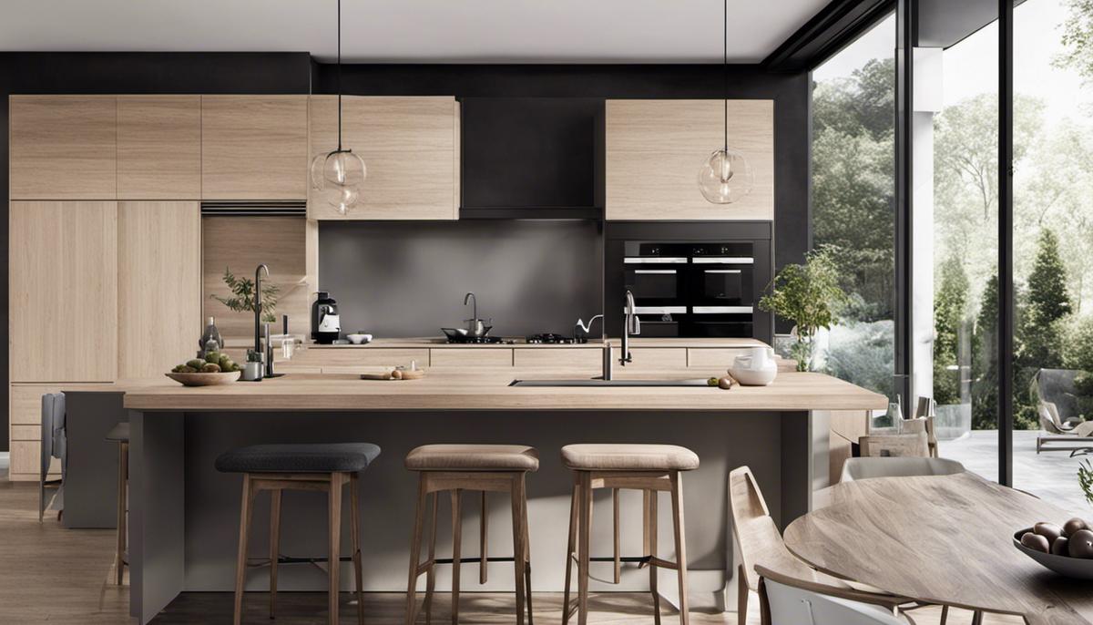 A beautifully designed Scandinavian kitchen with neutral colors, natural materials, and sleek furniture.