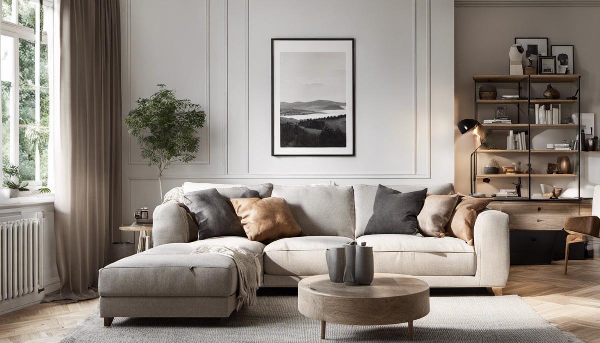 A cozy Scandinavian living room with neutral colors, natural elements, and plenty of natural light