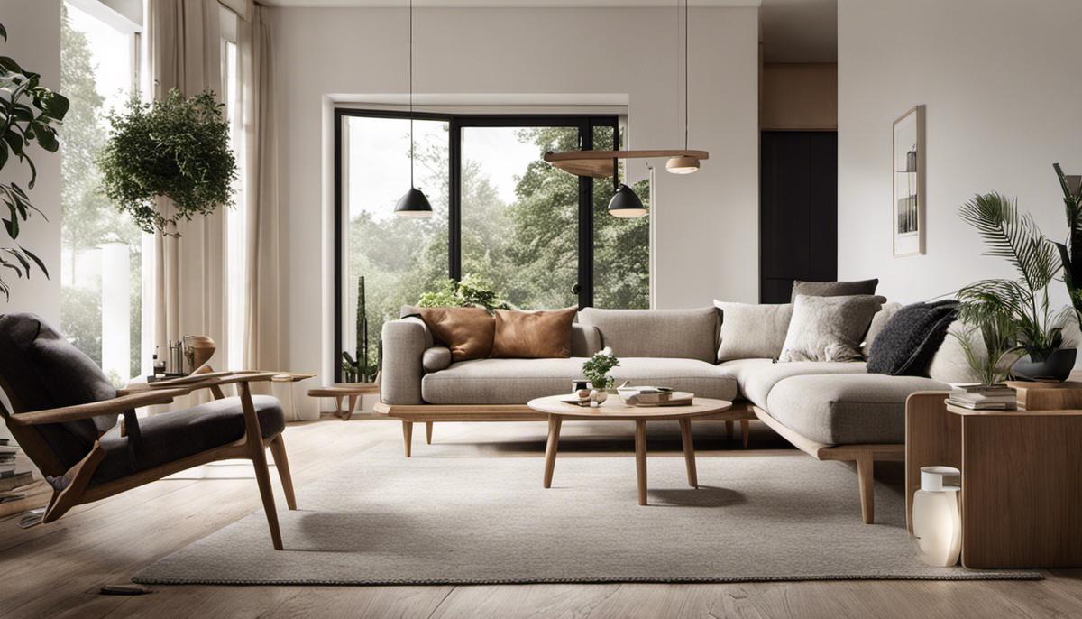 A cozy Scandinavian-style living room with neutral colors, natural materials, and minimalistic furniture arrangement.