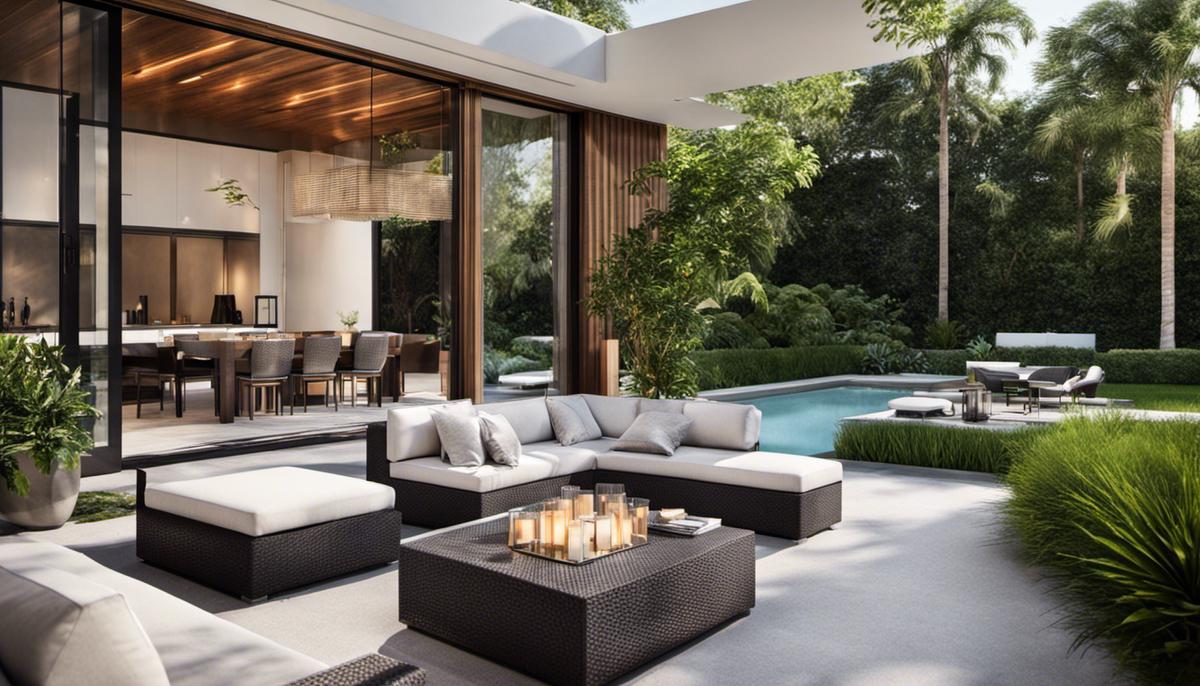 Image showing a beautifully designed outdoor space with sleek furniture, lush greenery, and modern architecture