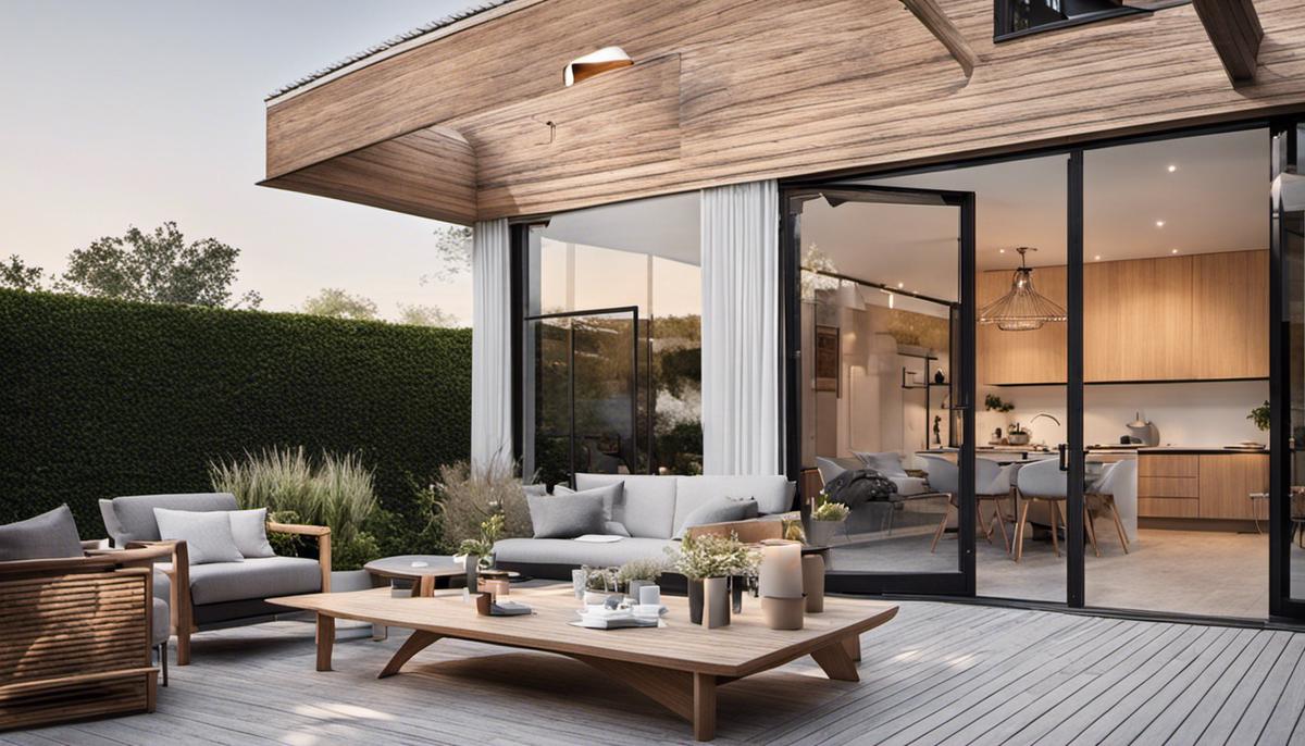A beautiful outdoor space in Scandinavian style, featuring clean lines, natural materials, and soft hues.