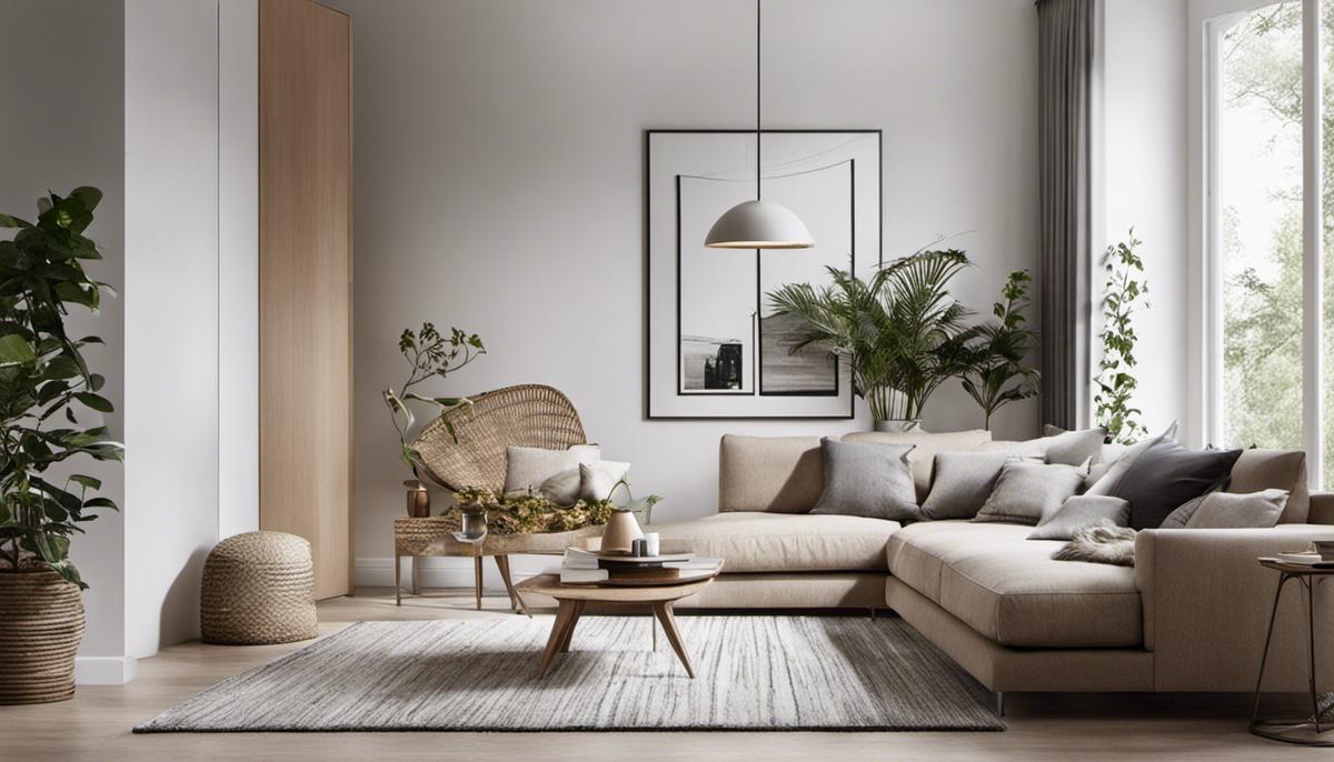 A serene and minimalistic Scandinavian-themed room decorated with natural elements, clean lines, and muted color palette