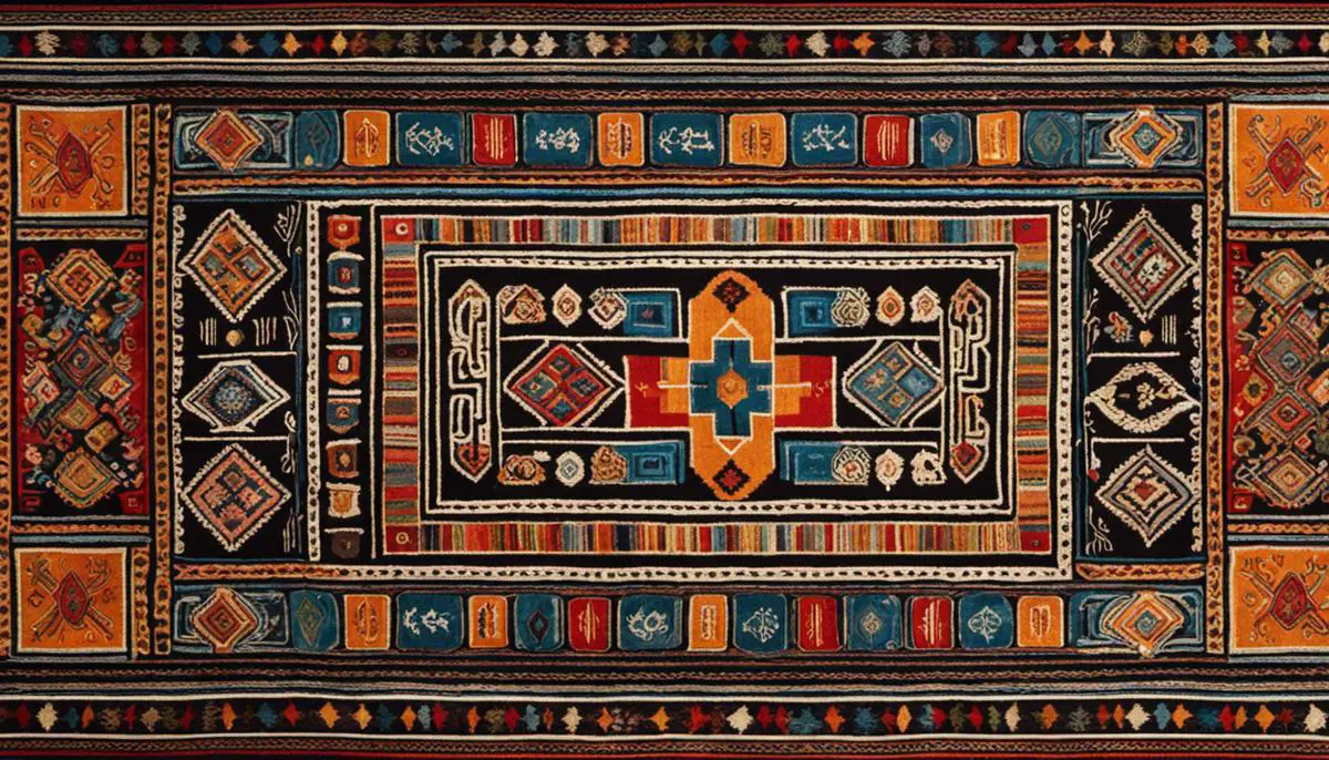 A colorful Scandinavian rug displaying intricate geometric patterns and symbols, representing the cultural heritage and artistic craftsmanship of Scandinavian countries.