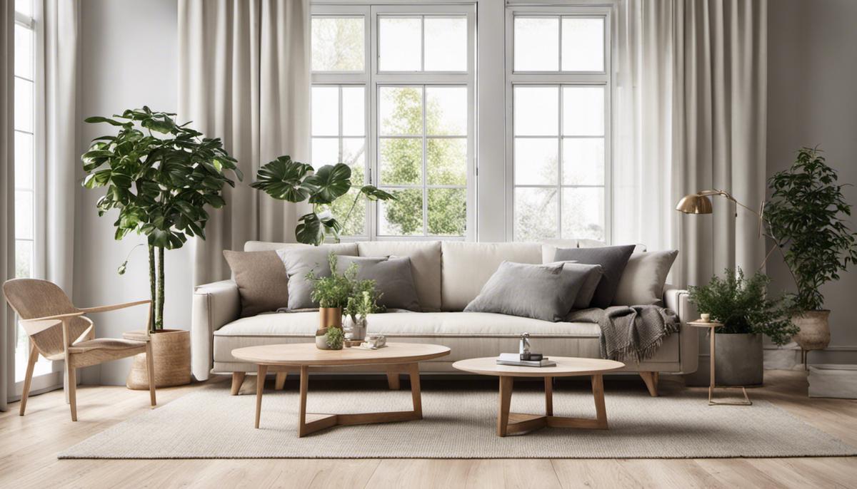A serene Scandinavian-style living room with light wood floors, simple furniture, and potted plants, representing the minimalistic and natural elements of the design.