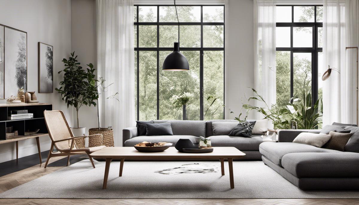 Image depicting a serene Scandinavian living room with clean lines, natural materials, and minimalistic decor.