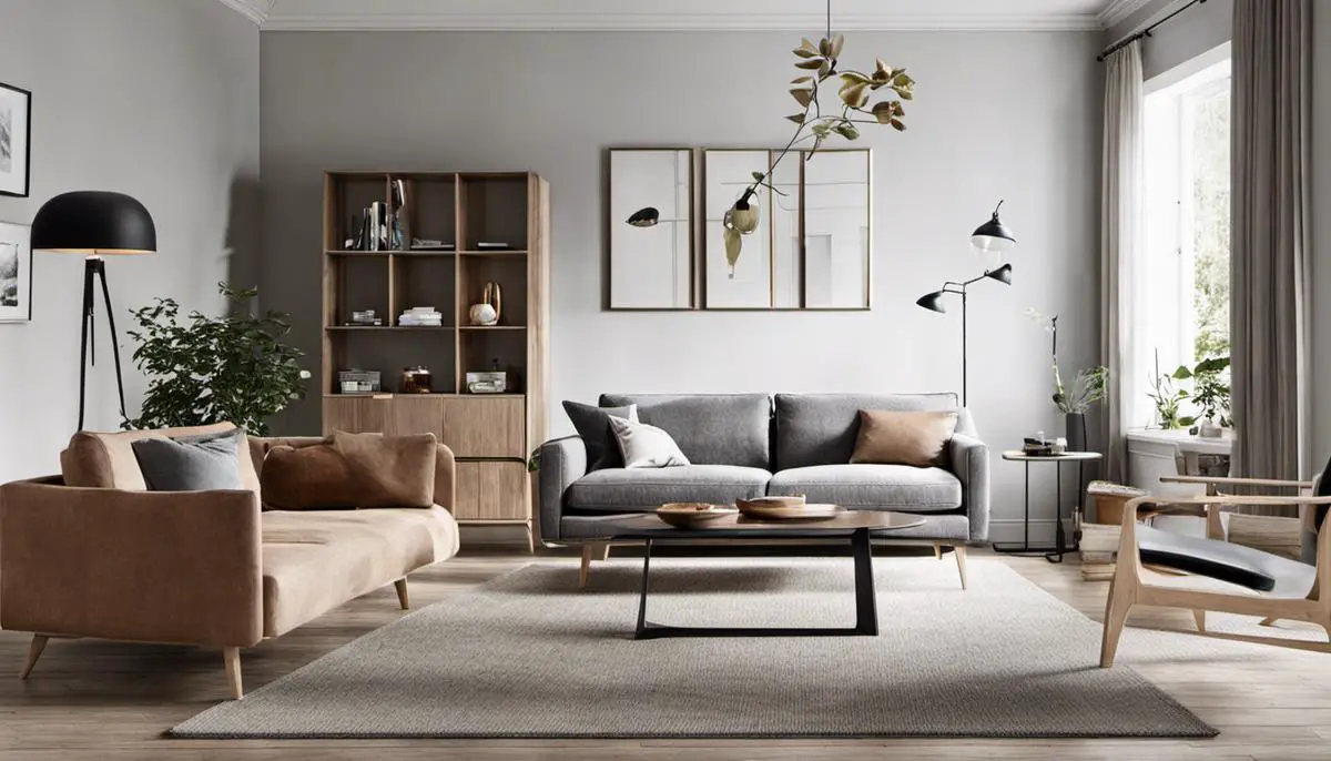 A cozy and minimalist Scandinavian-style living room with a Scandinavian sofa.