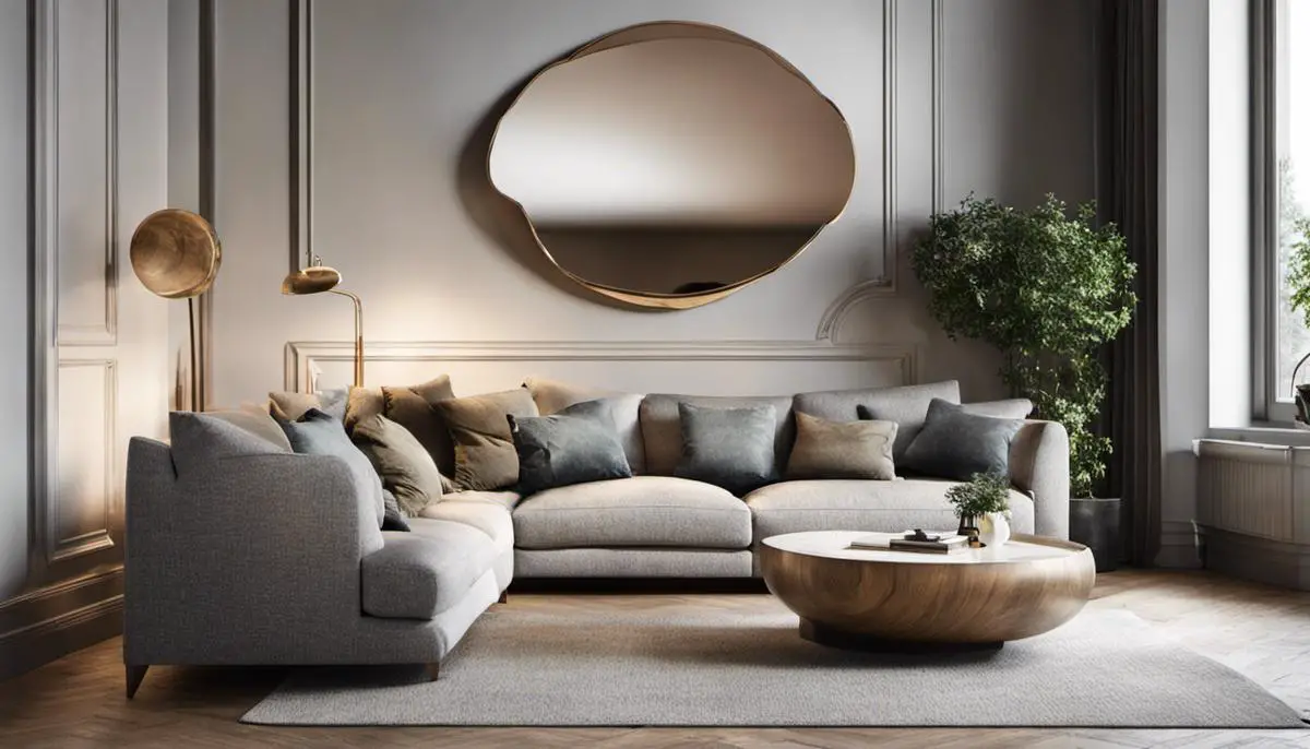 Image of a Scandinavian-style living room with a blob mirror above the fireplace