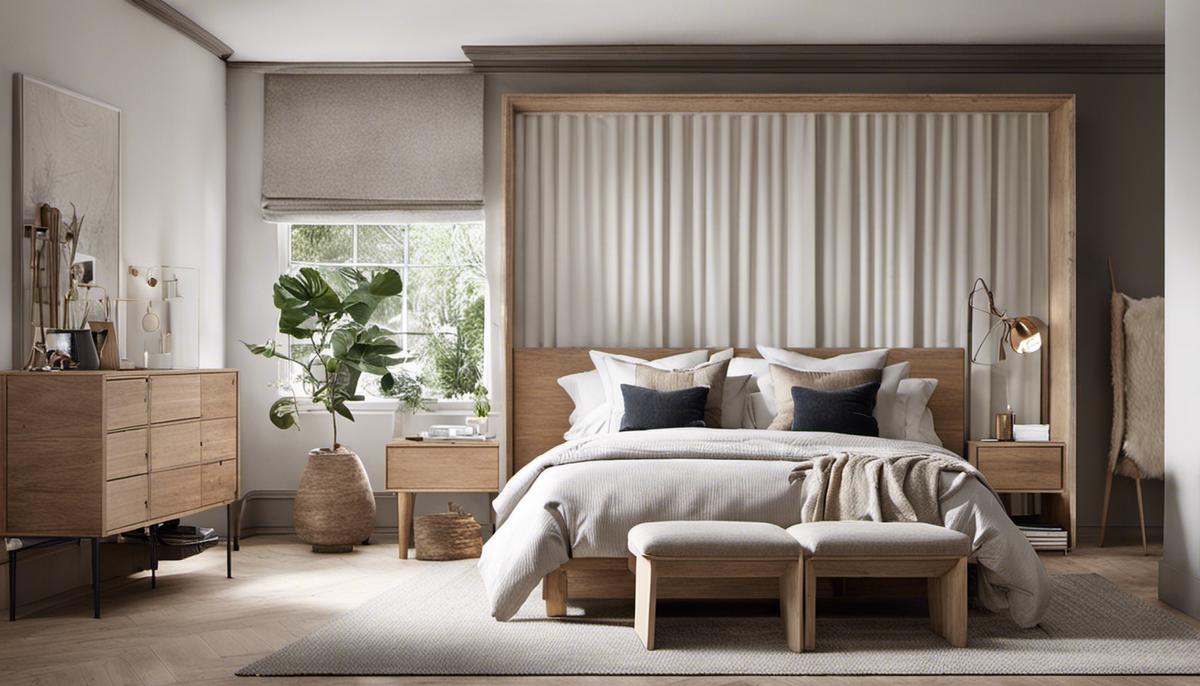 A serene Scandinavian-style bedroom with neutral colors, natural materials, and cozy textures.