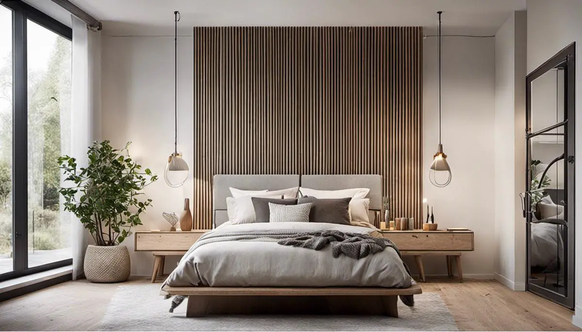 A serene Scandinavian-style bedroom with natural elements, woolly textiles, and organic materials.