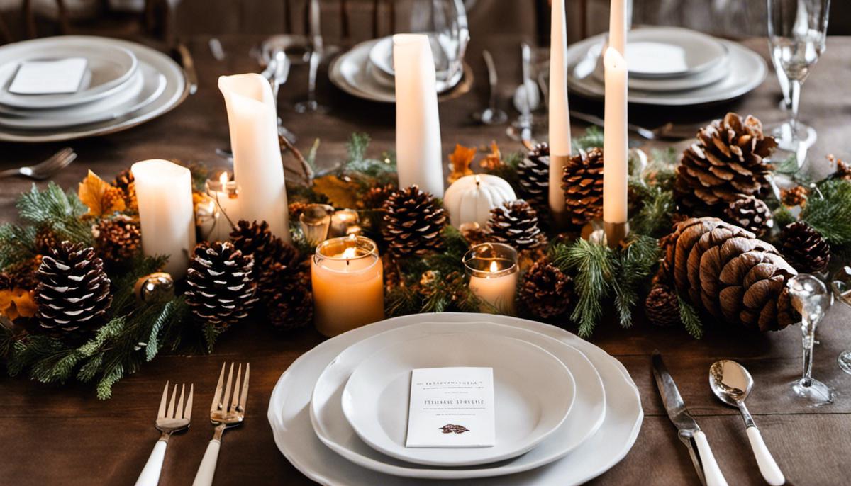 A beautifully set Scandinavian-inspired Thanksgiving table with pine cone centerpieces, white candles, and a crisp white tablecloth.