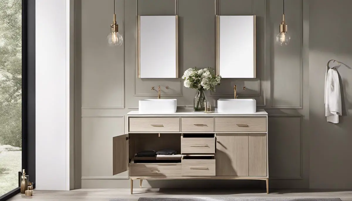 A stylish Scandinavian vanity with clean lines and neutral color tones.