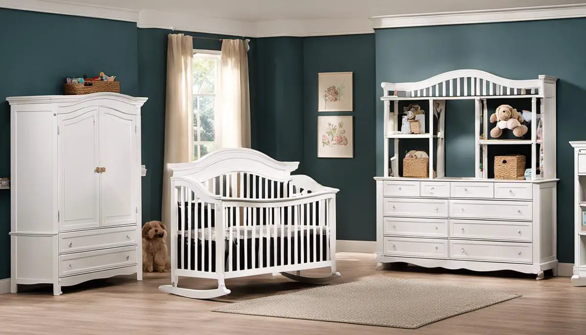 Image of different nursery room furniture pieces including a crib, changing table, storage shelves, rocking chair, and closet.