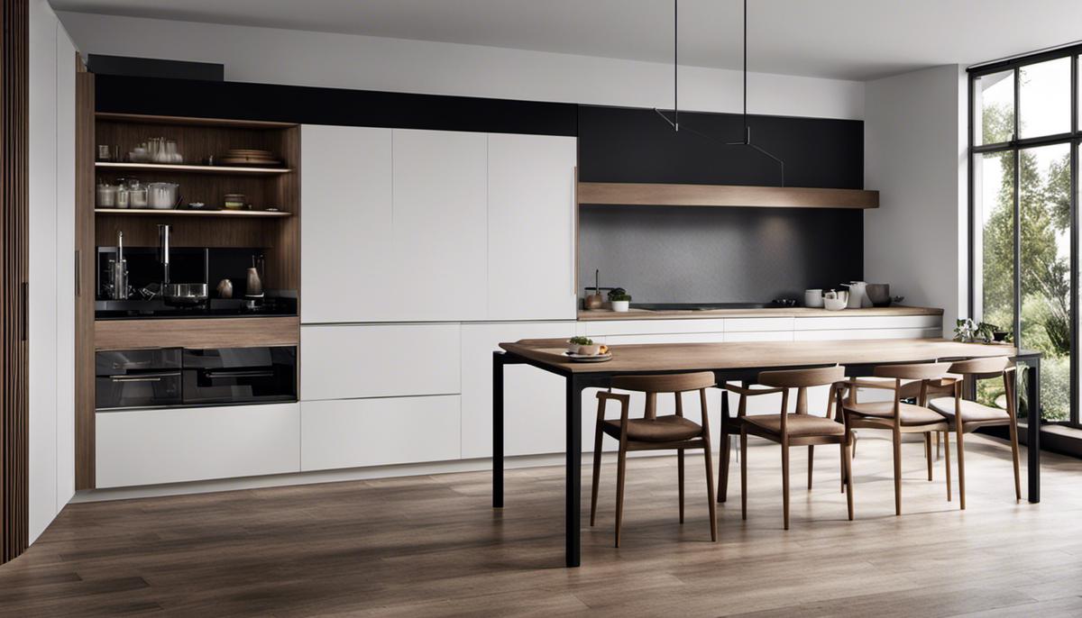 Image showcasing sleek tables and minimalist design in a Scandinavian kitchen
