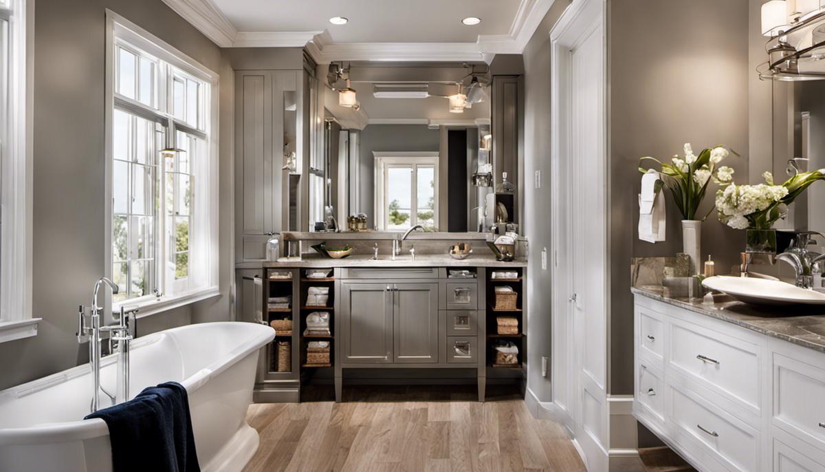 A small bathroom with clever storage solutions, including built-in shelves, over-the-door racks, multipurpose furniture, and wall-mounted solutions.