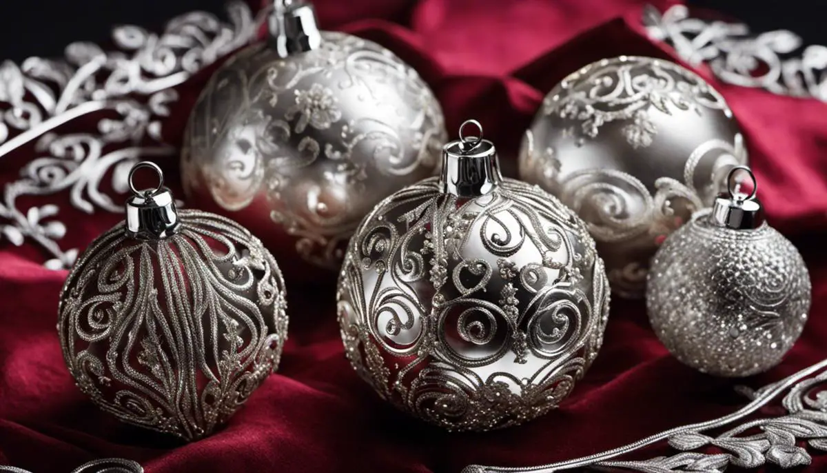 A close-up image of several mercury glass ornaments laid out on a velvet cloth. Each ornament has intricate silver designs on a glass base.