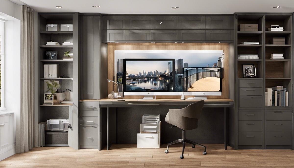 An image showing various storage solutions for a small home office.