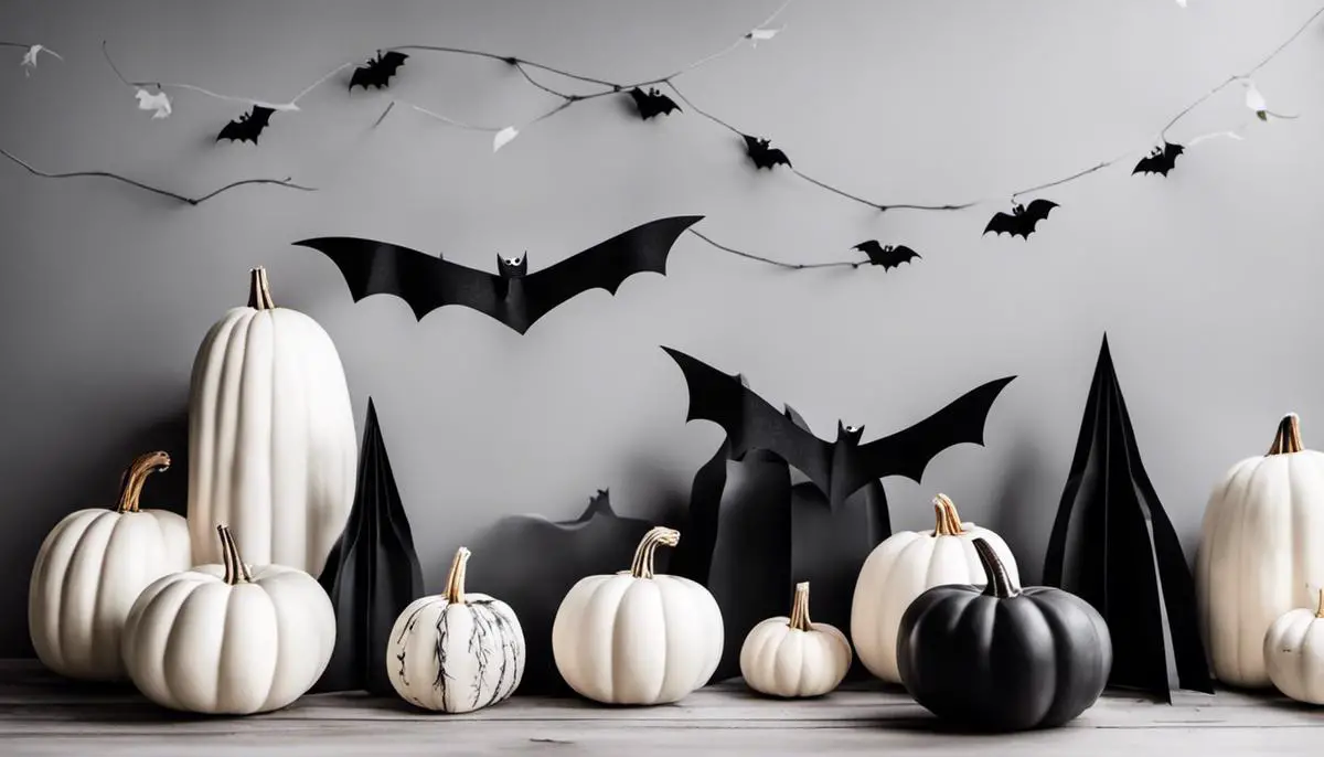 Scandinavian style minimalist Halloween decor with black and white paper bats, wooden ghost figures, and white pumpkins on a gray background