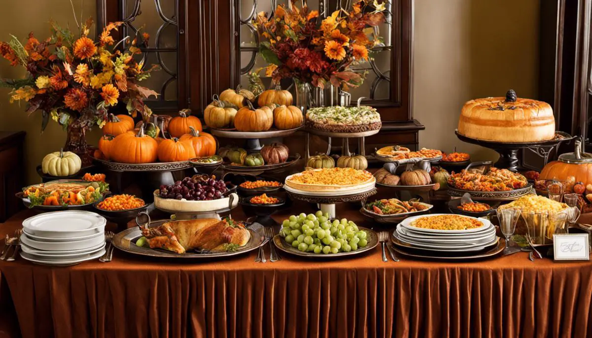 A beautifully arranged Thanksgiving buffet table with dishes organized on different levels using stands and labels, adding visual interest and making it accessible for all guests