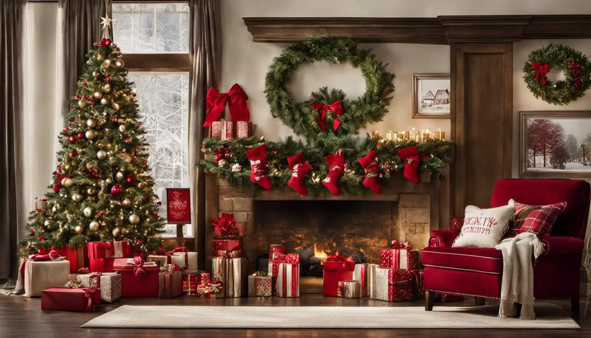 Image of traditional Christmas wall decor featuring hanging stockings, wreaths, and framed Christmas artwork.