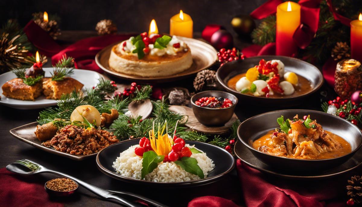 Image of various traditional dishes with a twist, showcasing the creativity and innovation in Christmas 2023 cuisine.