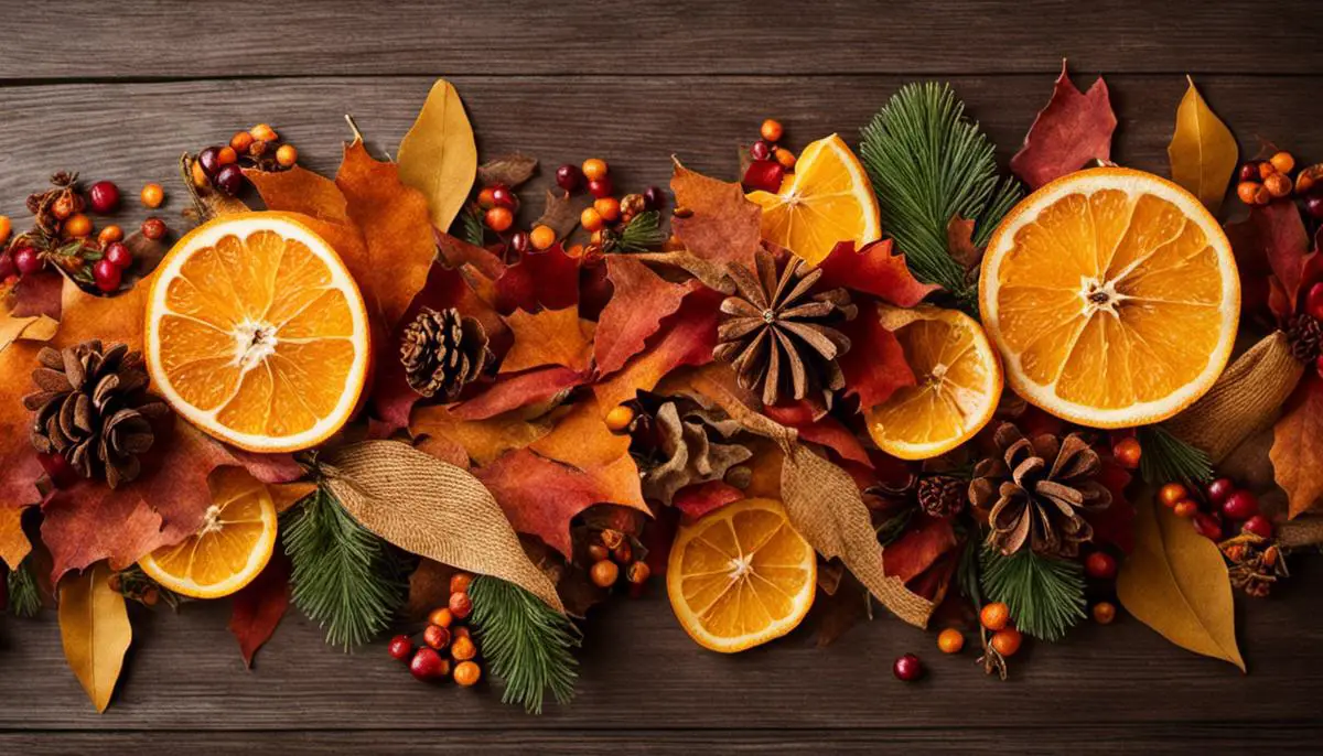 Image of traditional fall garland with dried orange slices, cinnamon sticks, and fall leaves