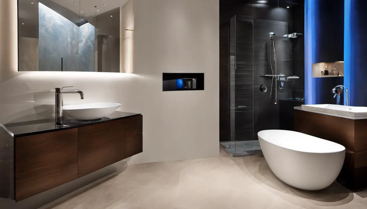 A stylish and modern bathroom design showcasing the latest trends in faucets, heated floors, and digital shower controls.
