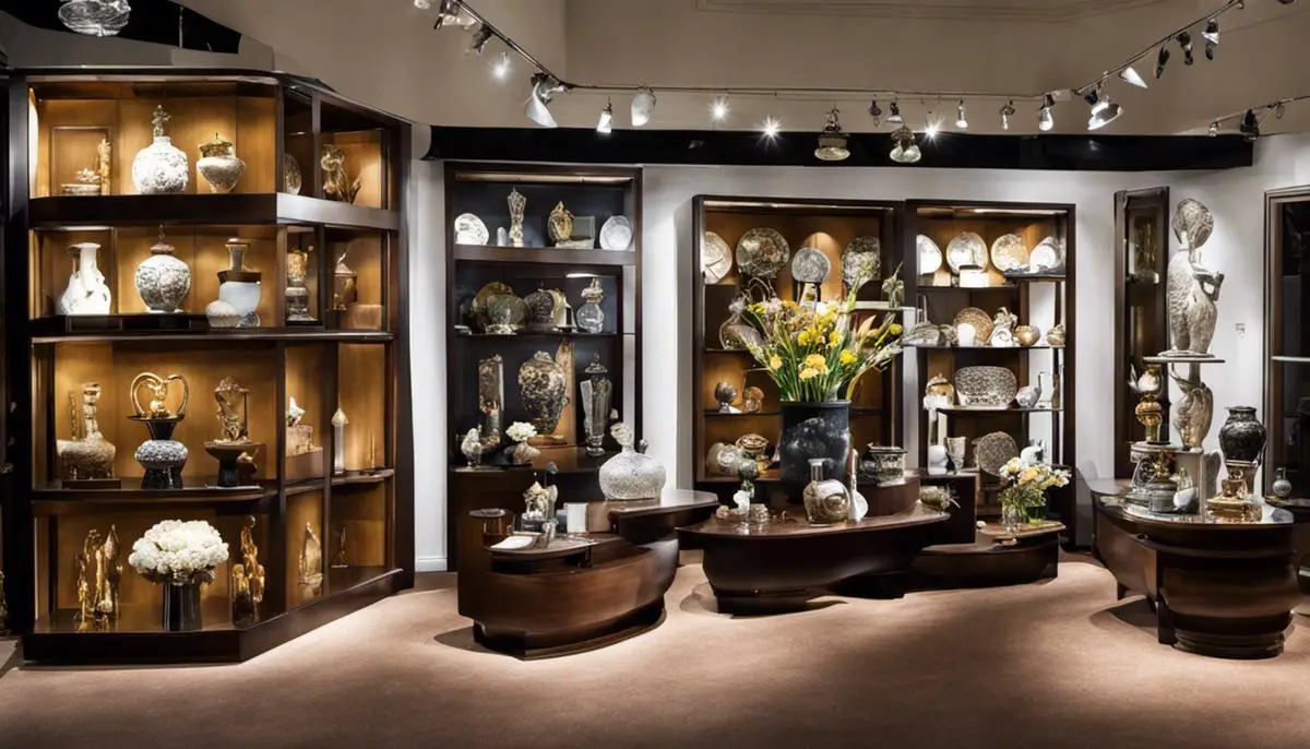 Various decoration items displayed on shelves, including mirrors, vases, sculptures, and paintings
