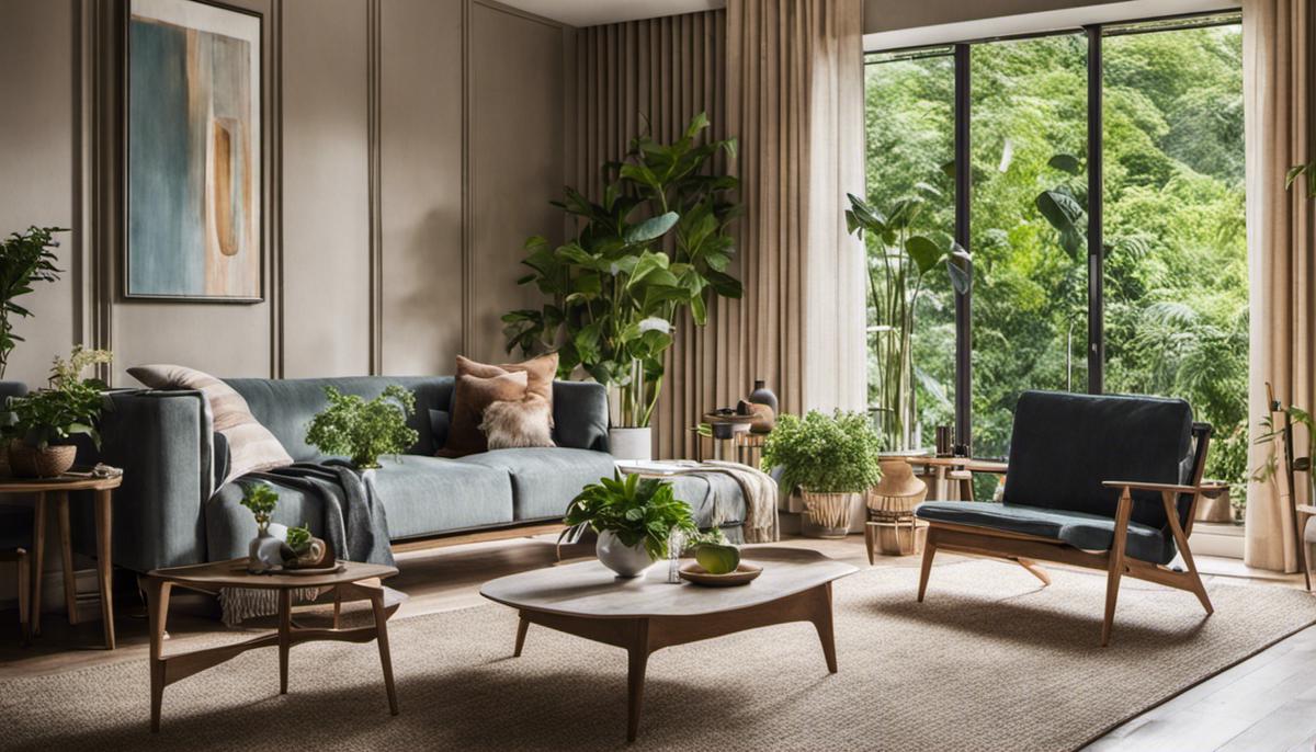 An image showing a beautifully decorated eco-friendly living room with sustainable furniture and plants.