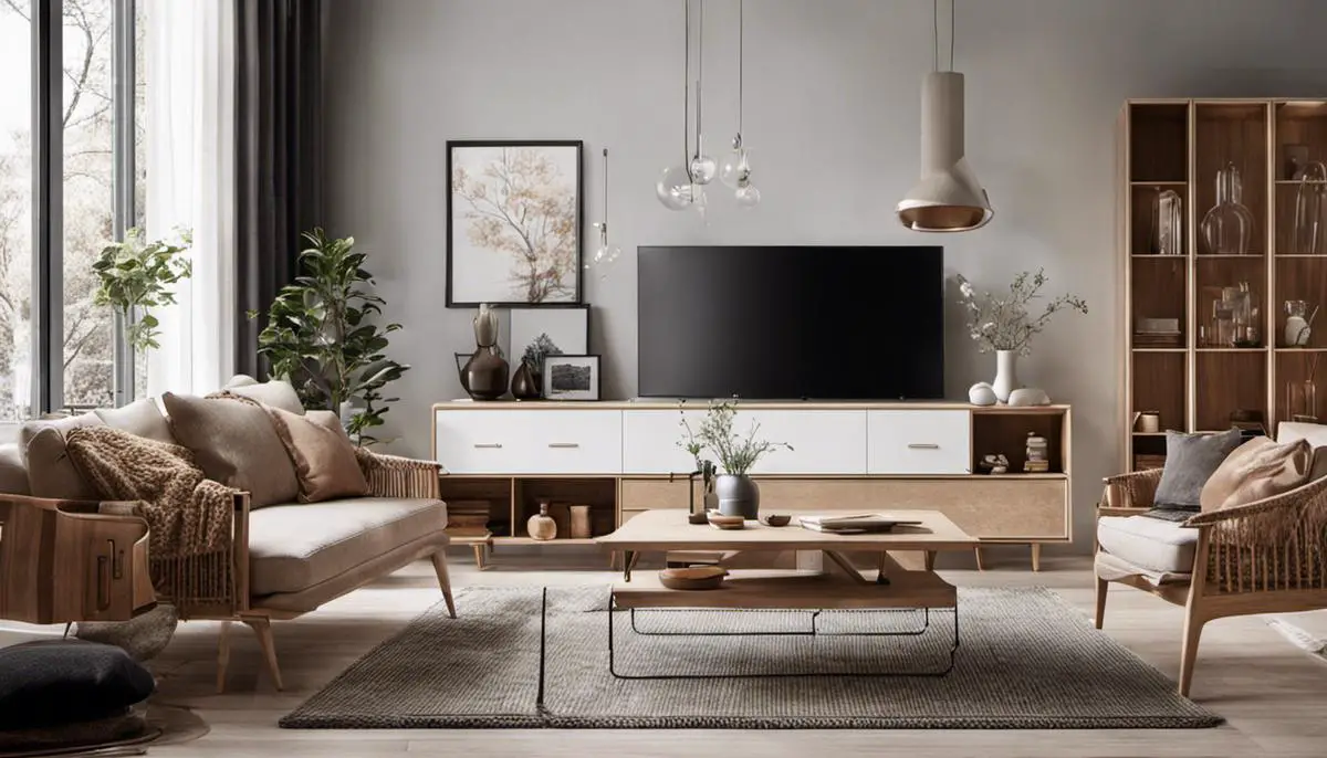 A cozy living room decorated in the Scandi style, featuring minimalistic furniture, natural materials, and a warm color palette.