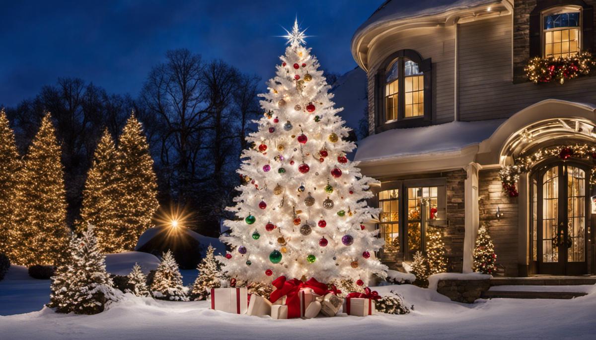A white Christmas tree adorned with lights, ornaments, and a star on top, symbolizing the holiday season and the importance of caring for the tree.