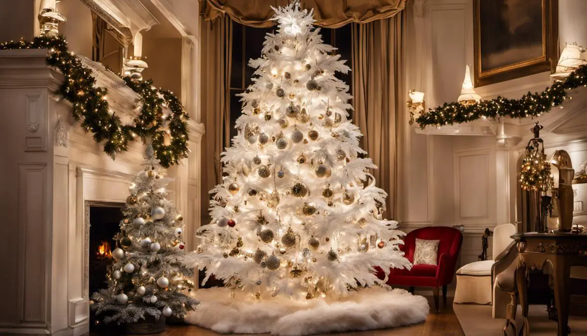 A festive white Christmas tree decorated with ornaments and lights, providing a modern and elegant holiday display.