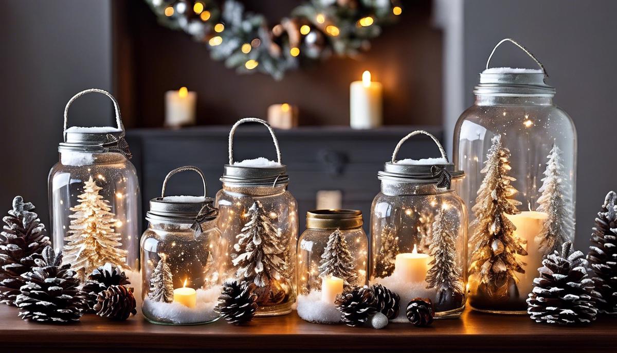 Image of various winter decorations, including glittering pinecones, snowy mason jars, fabric Christmas trees, a cranberry wreath, and winter wonderland lanterns.