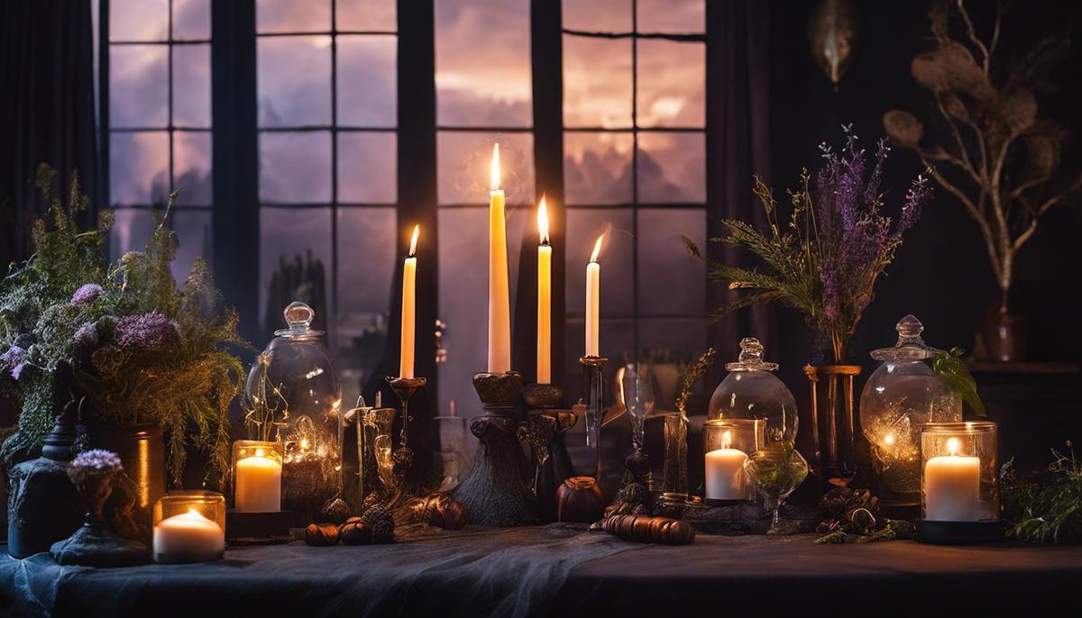 An image of a witchy decor setup with various mystical elements such as crystals, plants, and symbolism, creating a cozy and magical atmosphere.