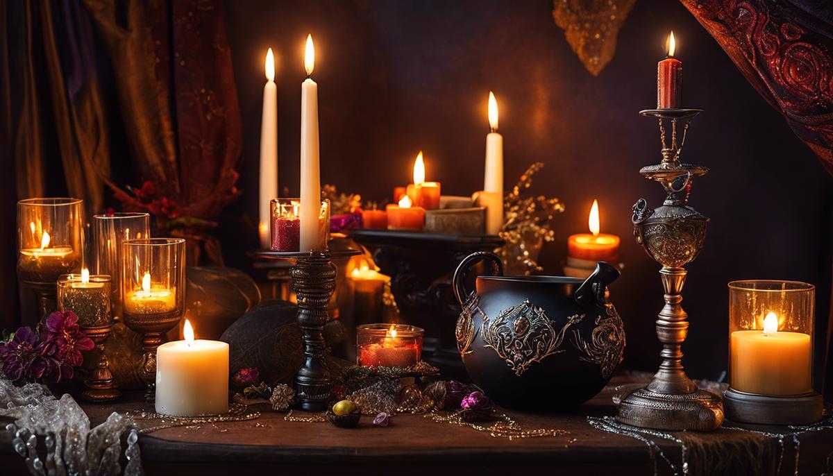Image of a beautifully decorated witchy corner with crystals, candles, and tapestries.