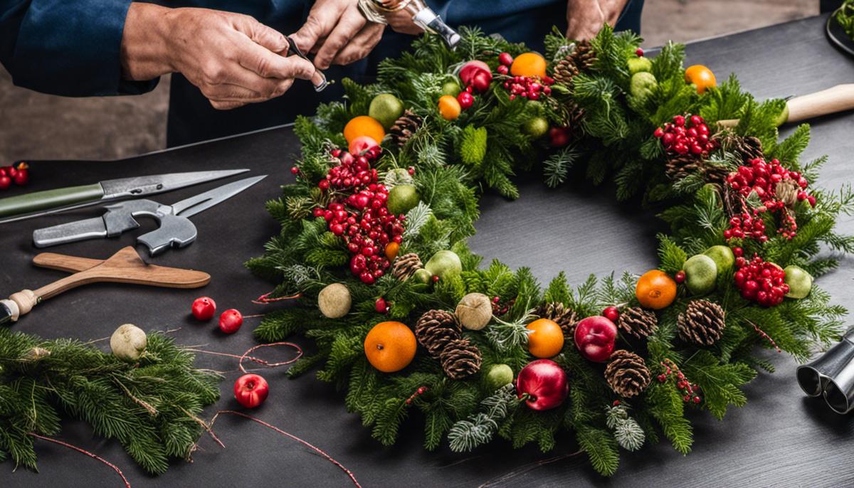 Image of wreath assembly techniques, with various materials and tools for creating wreaths.
